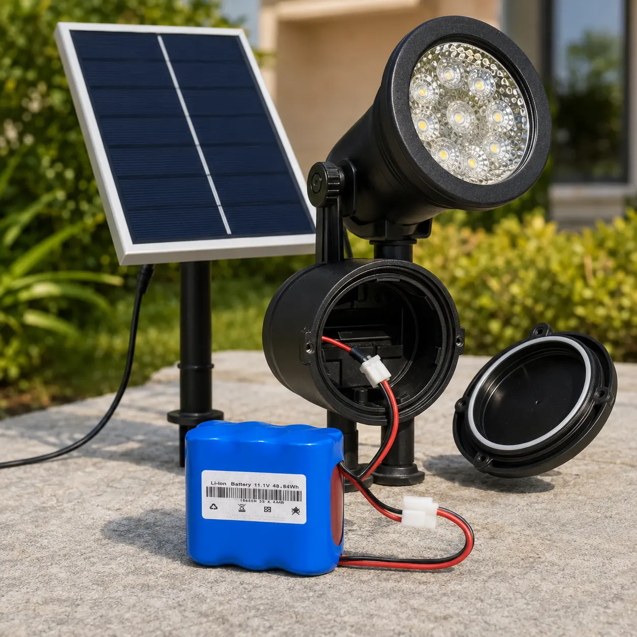 Solar-Spotlight-Batteriepack mit Anschluss und Außenbeleuchtung