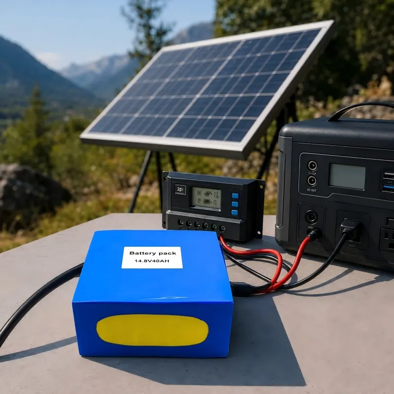 Anwendungsszene für Solarsysteme mit 14,8V 40Ah-Batterie und Verkabelung