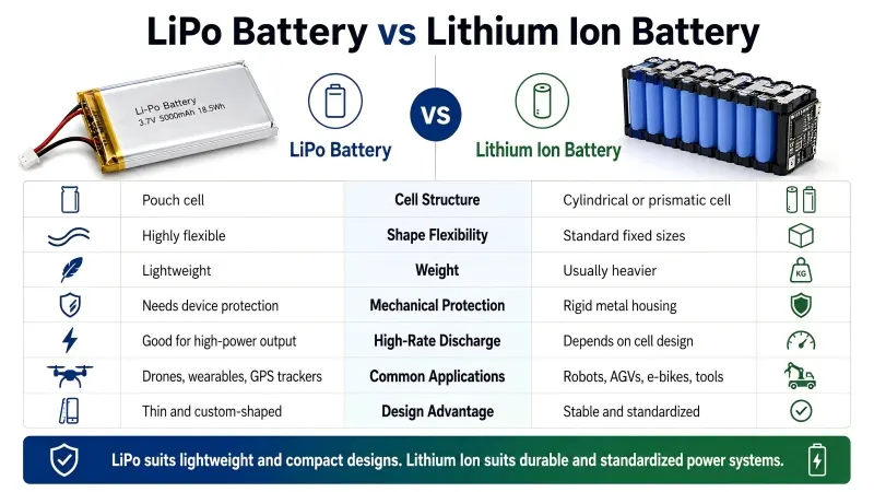 Vergleich von LiPo-Akku und Lithium-Ionen-Batterie zeigt Unterschiede in Struktur, Gewicht, Flexibilität, Schutz, Entladeleistung und Anwendungen